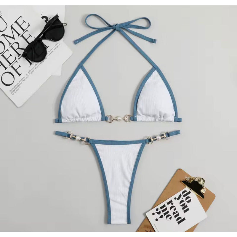 Bikini Triangulo Cadena Con Perla Colaless Varios Colores