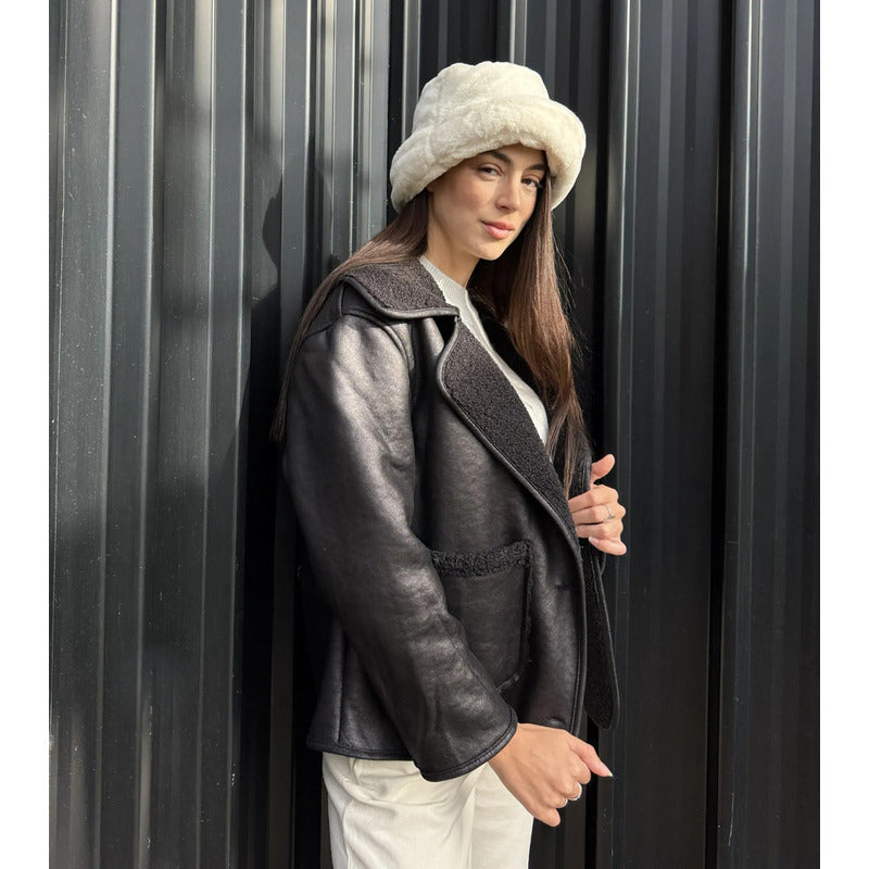 Campera Gamulán Cuello Solapa  Mujer Con Corderito Negro
