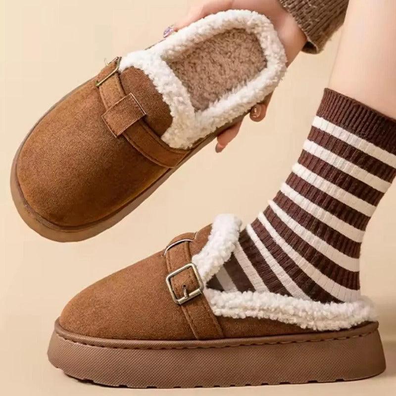 Pantuflas Mujer Con Corderito Altas Sin Talón Y Hebilla