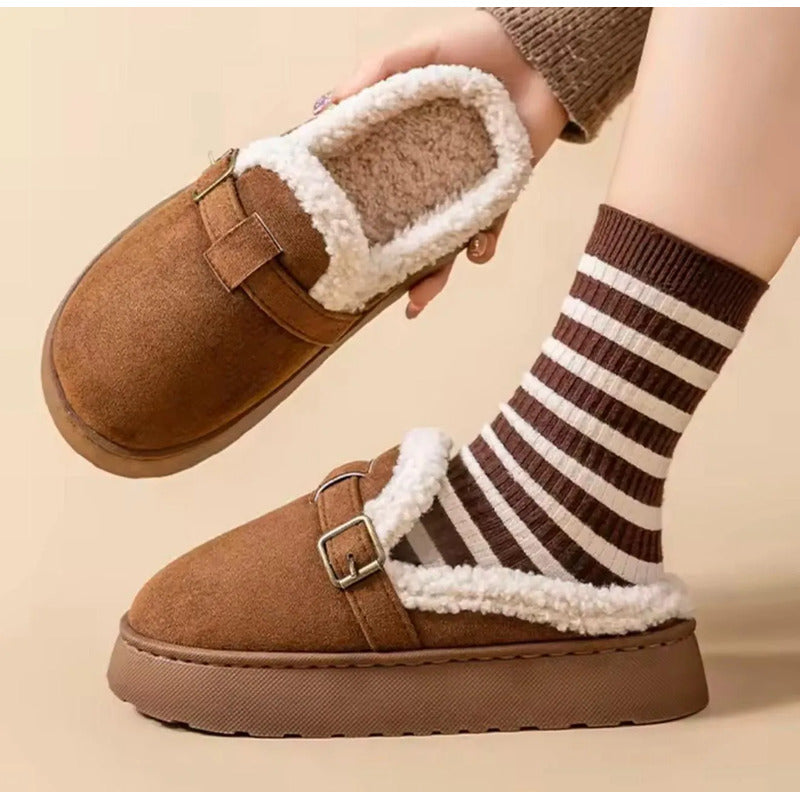 Pantuflas Mujer Con Corderito Altas Sin Talón Y Hebilla