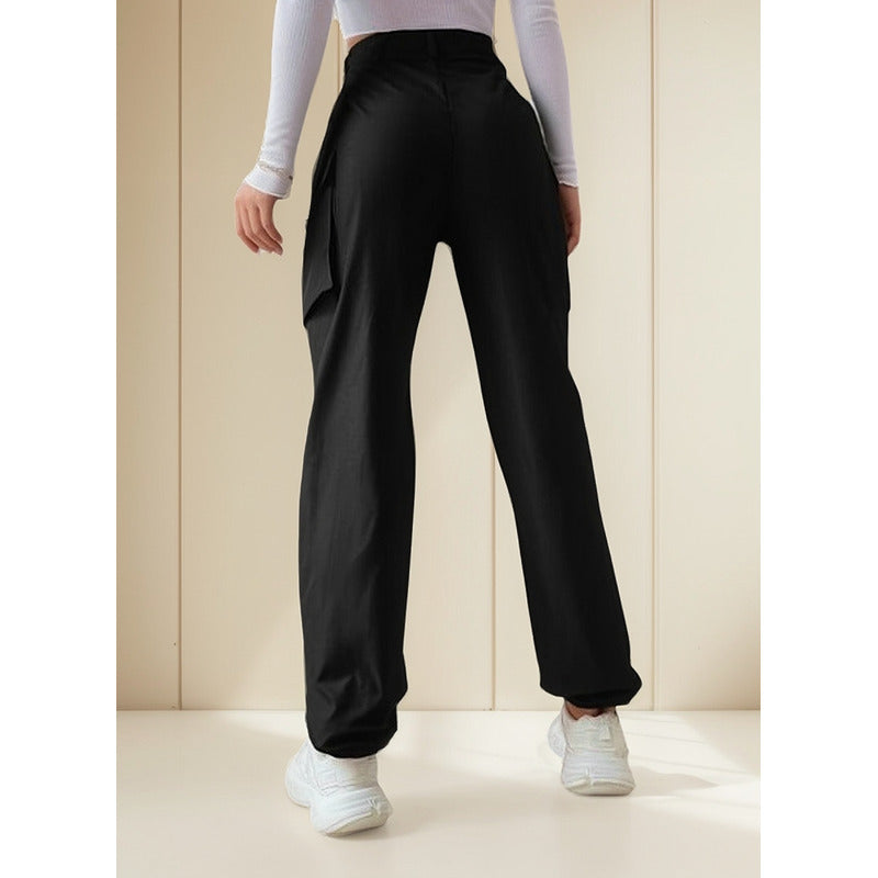 Pantalón Cargo Dama Con Bolsillos Y Puños Negro Y Beige