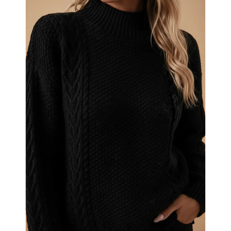 Sweater Buzo De Dama Tejido Trenzado Con Cuello Alto Y Tajo