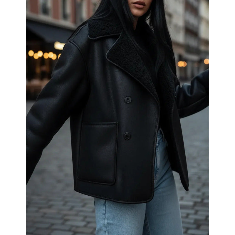 Campera Gamulán Cuello Solapa  Mujer Con Corderito Negro