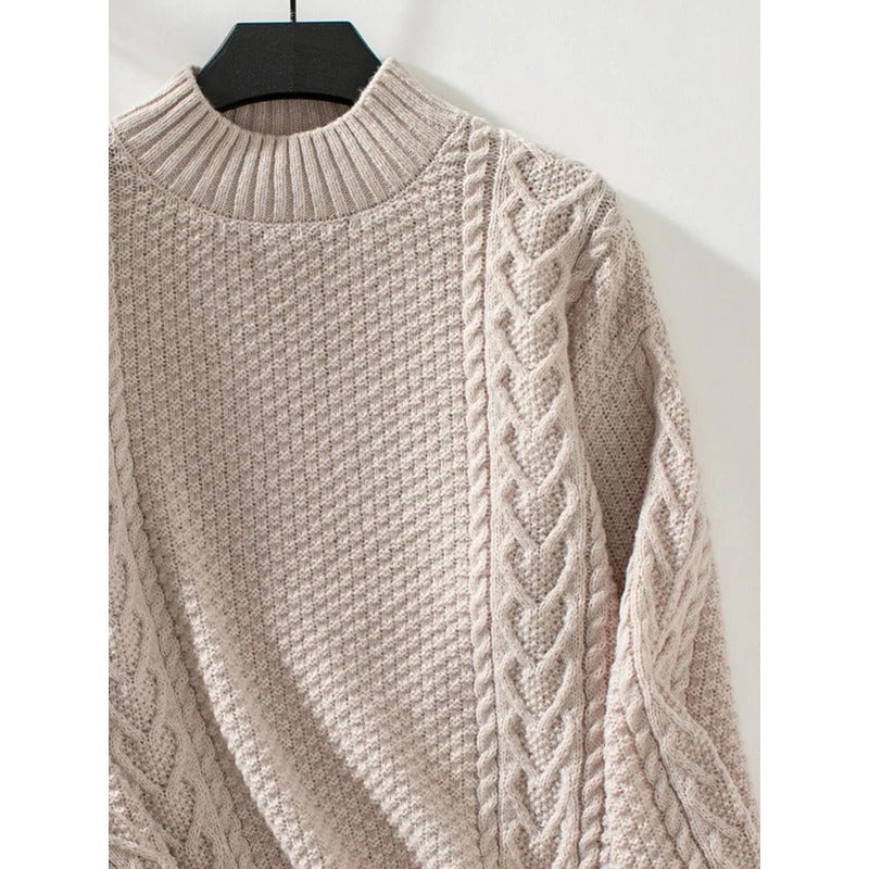 Sweater Buzo De Dama Tejido Trenzado Con Cuello Alto Y Tajo