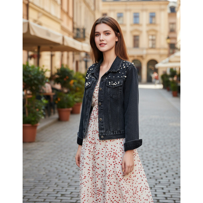 Campera De Jeans Con Aplique Perlas Uniteduy