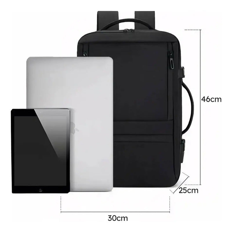 Mochila Viaje Expandible Antirrobo Negra Con Usb Impermeable