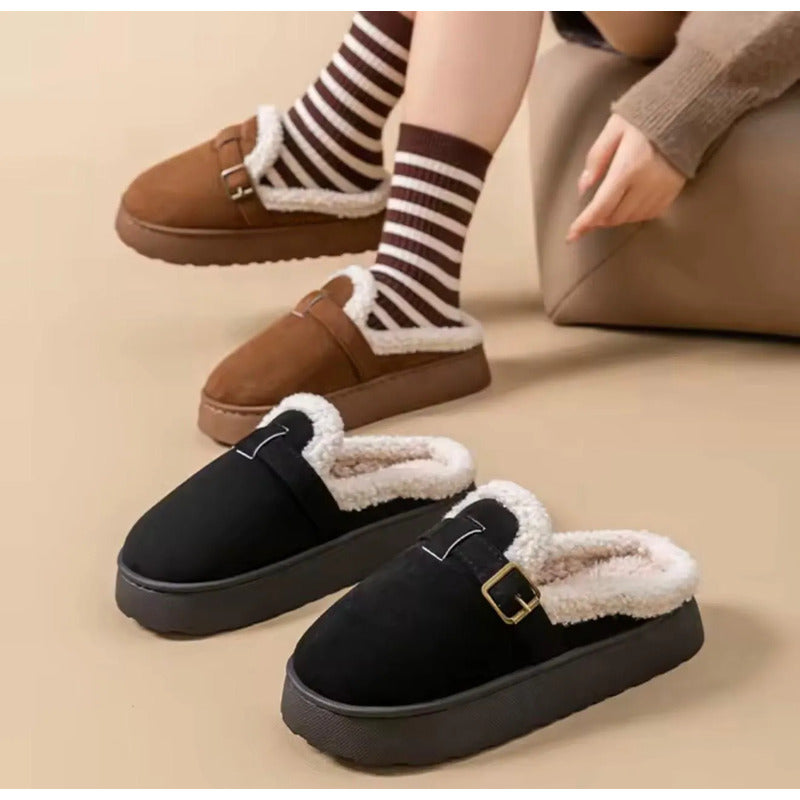 Pantuflas Mujer Con Corderito Altas Sin Talón Y Hebilla