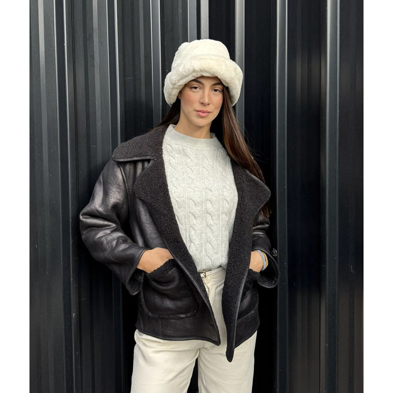 Campera Gamulán Cuello Solapa  Mujer Con Corderito Negro