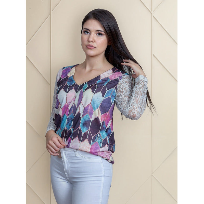 Blusa Dama Con Encaje Y Diseño En Rombos