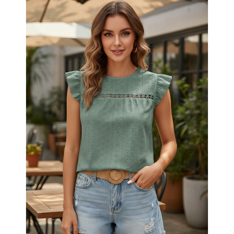 Blusa Remera Broderie Manga Corta Volados Varios Colores