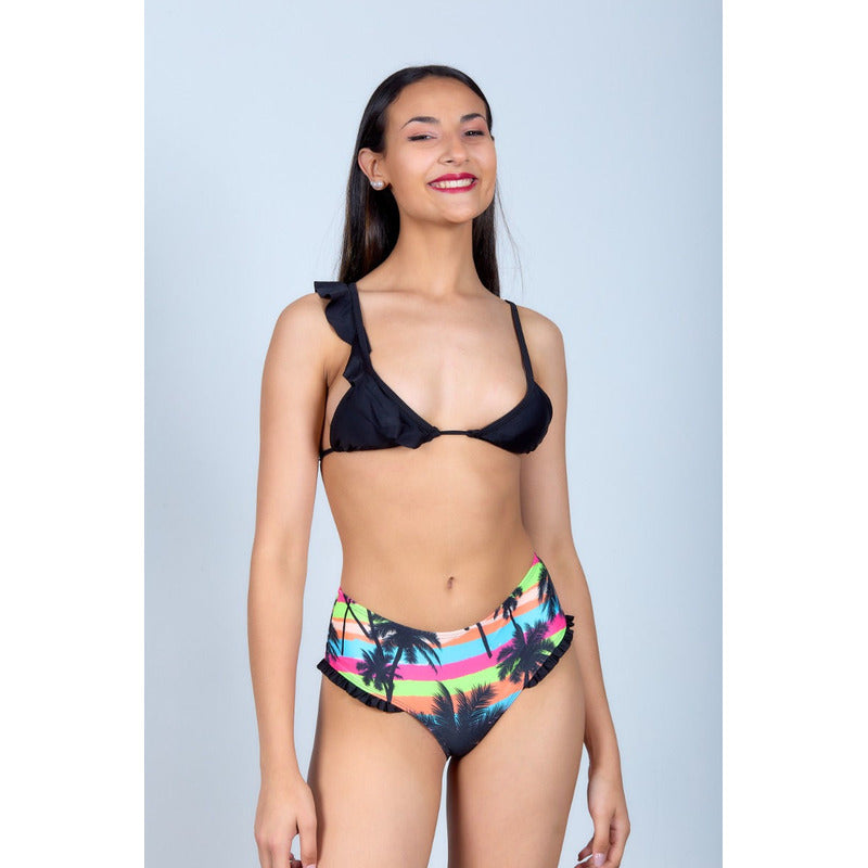 Bikini Estampado Palmeras Tiro Medio Con Volados Uniteduy