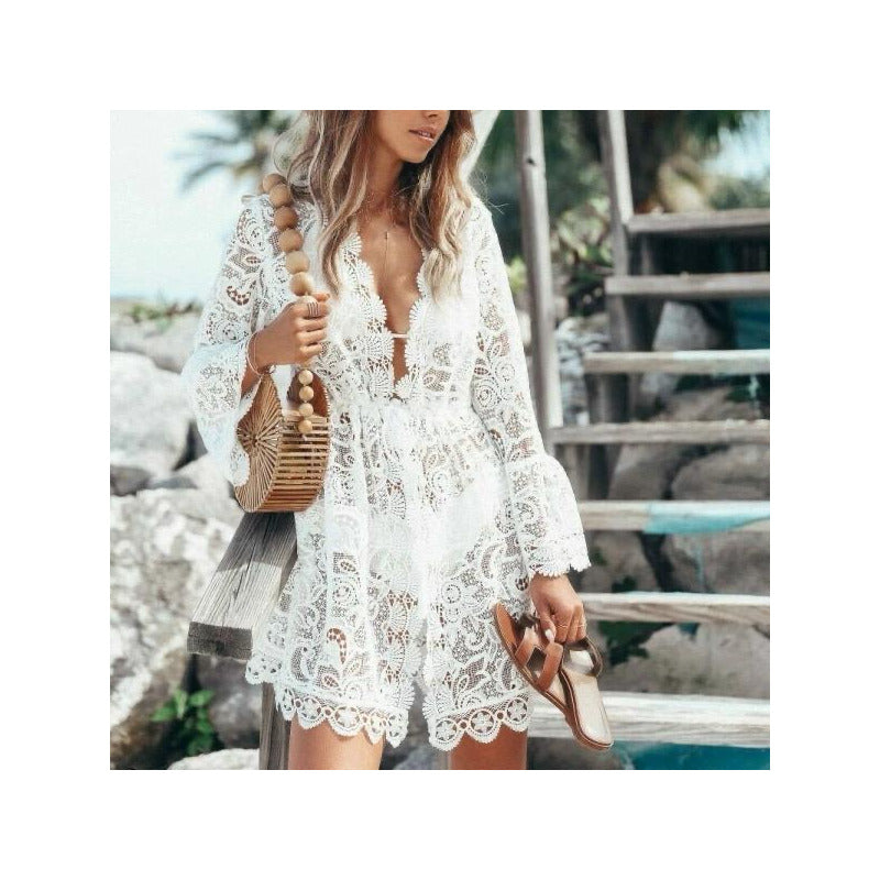 Vestido Corto Pareo Salida De Playa Encaje Flores Uniteduy