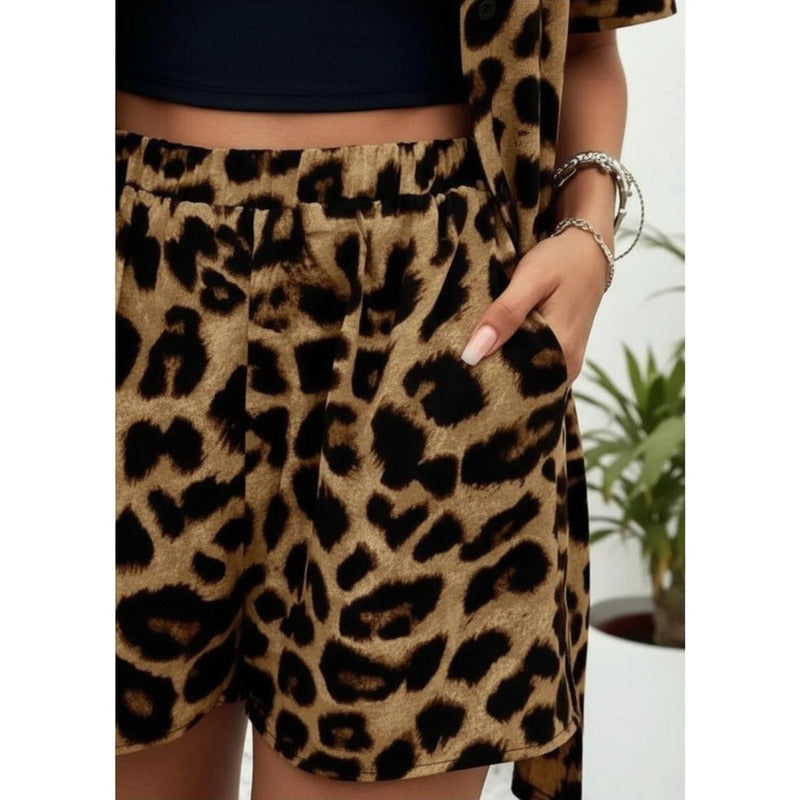 Conjunto Camisa Manga Corta Short Con Elástico Animal Print