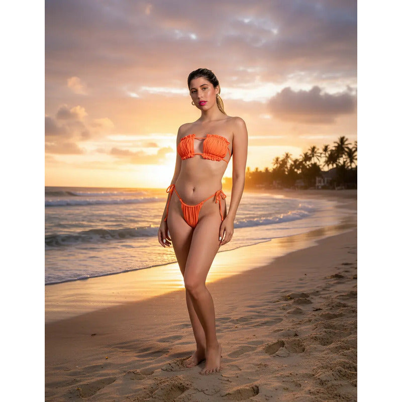 Bikini Malla Bandeau Plisado Naranja Con Tiras Uniteduy