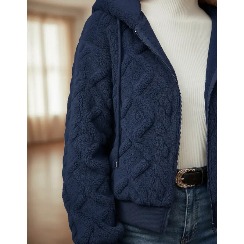 Campera Corta Trenzada Puños Capucha Polar Peluda Uniteduy