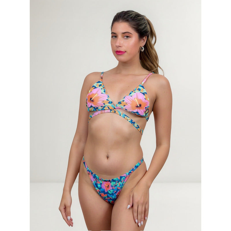 Bikini Malla Espalda Cruzada Camuflado Con Flores Triangulo