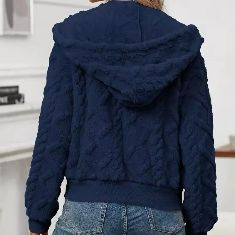 Campera Corta Trenzada Puños Capucha Polar Peluda Uniteduy