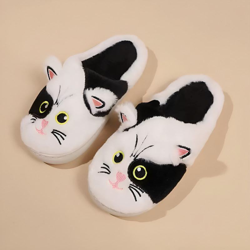Pantufla Gato Sin Talón Peluda Negra Y Blanca Suela De Goma