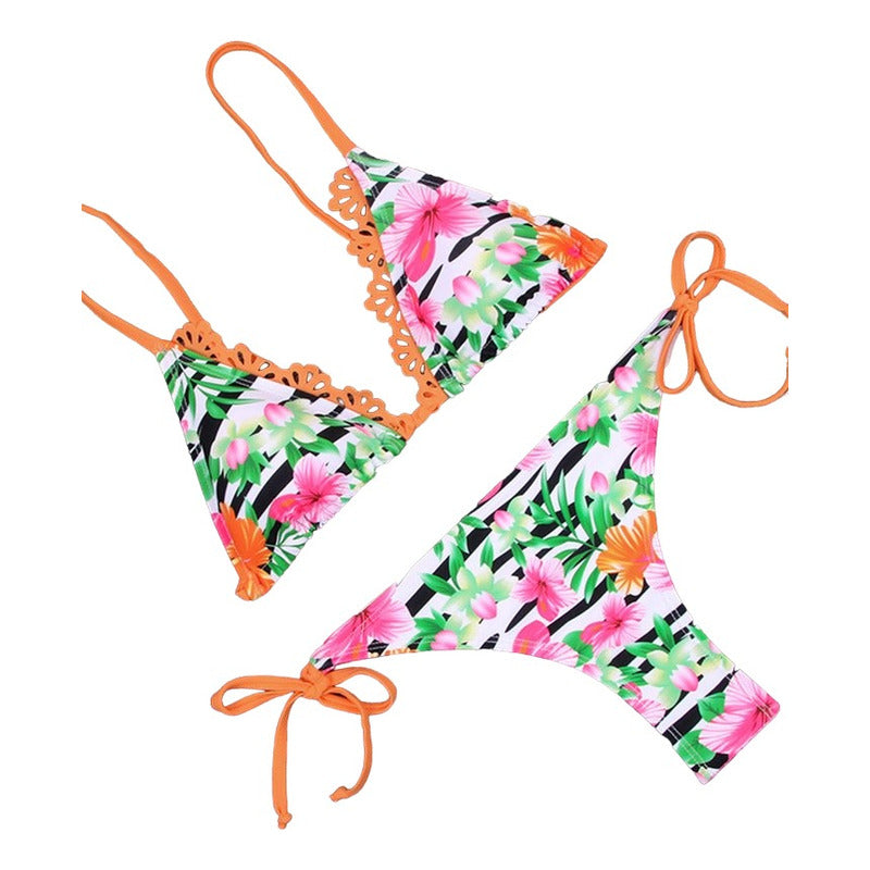 Bikini Malla Con Flores Naranja Fucsia Cola Less Y Tiras