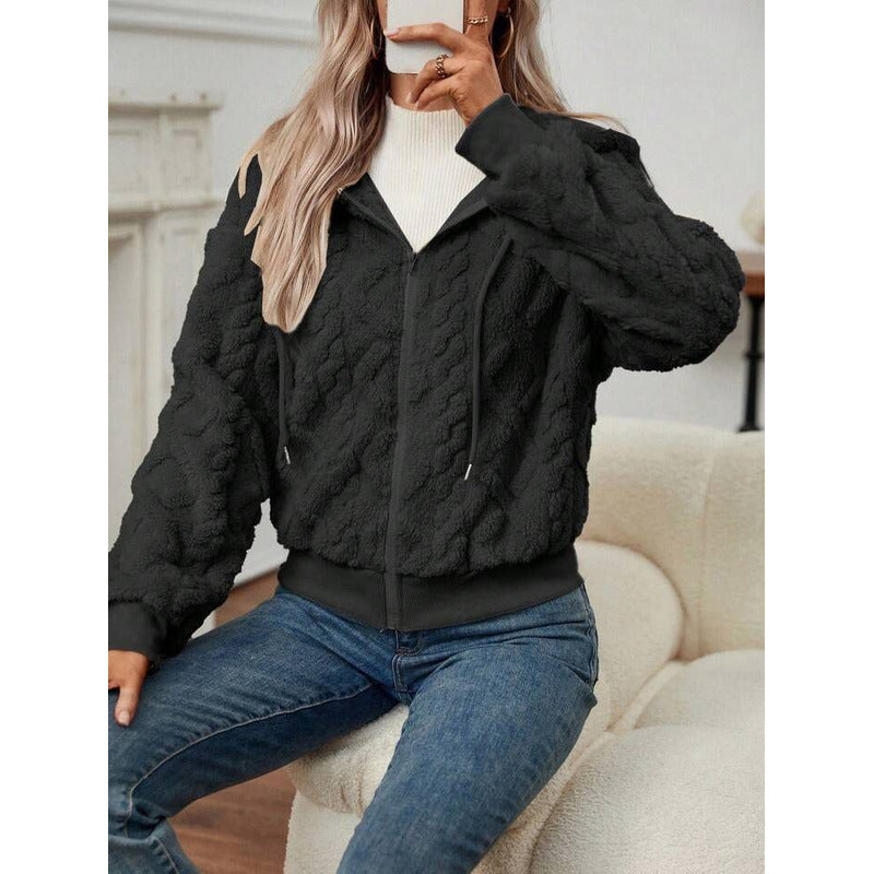 Campera Corta Trenzada Puños Capucha Polar Peluda Uniteduy