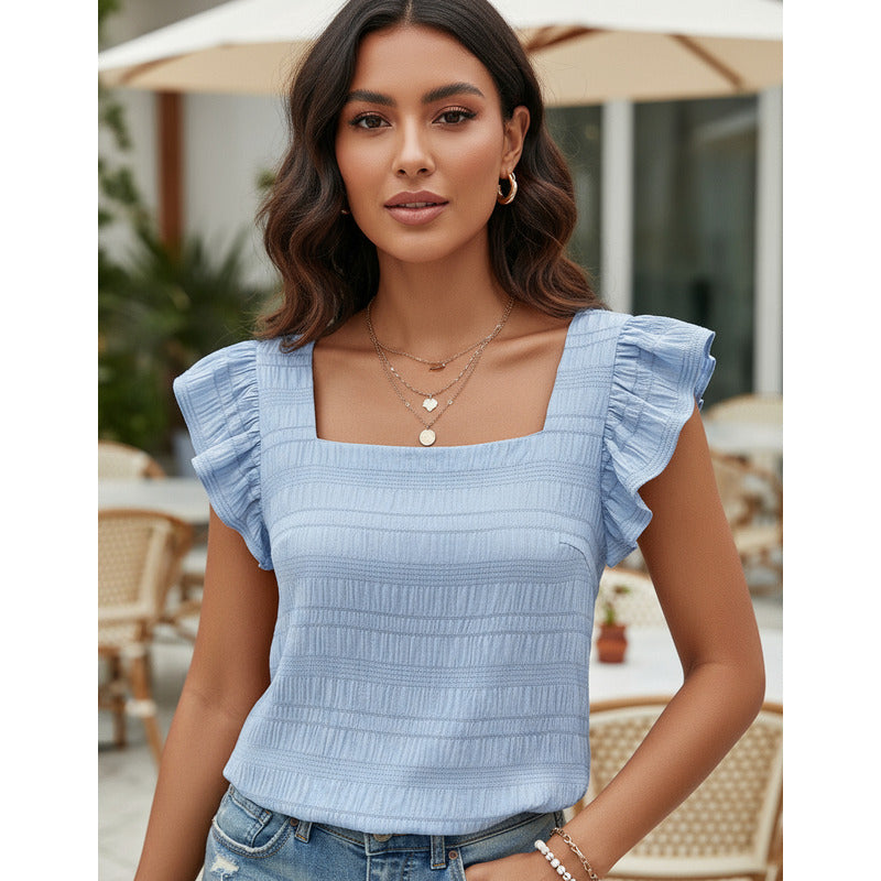 Blusa Remera Cuello Cuadrado Con Manga Corta Volado Uniteduy