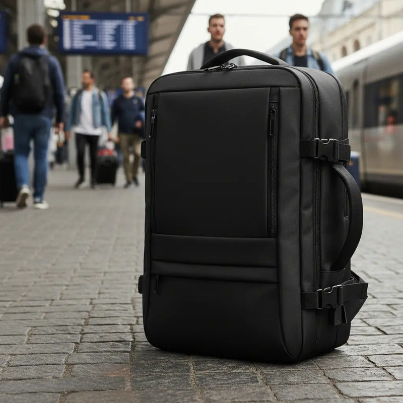 Mochila Viaje Expandible Antirrobo Negra Con Usb Impermeable