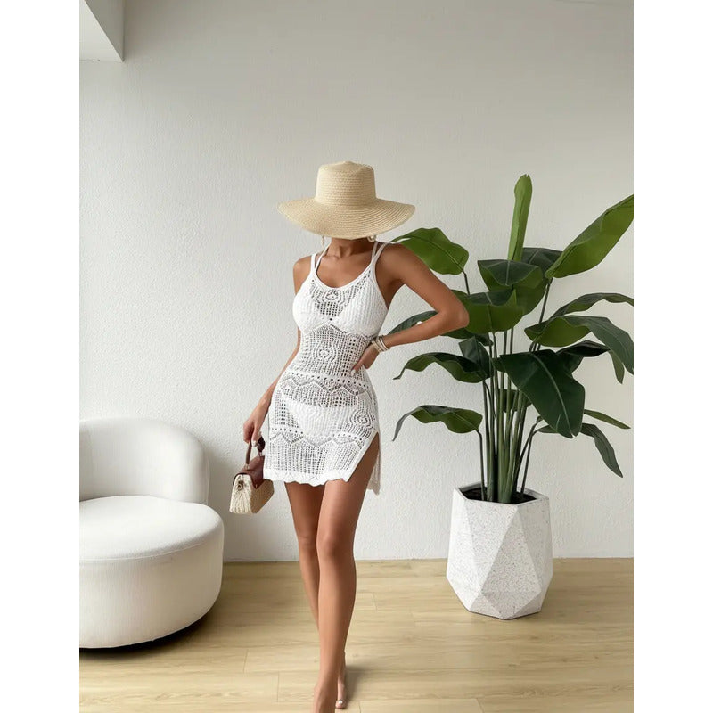 Vestido Playa Calado Corto Con Tajo Adaptable  Uniteduy
