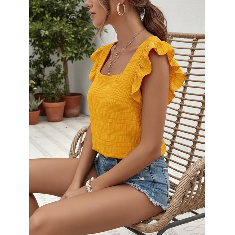 Blusa Remera Cuello Cuadrado Con Manga Corta Volado Uniteduy