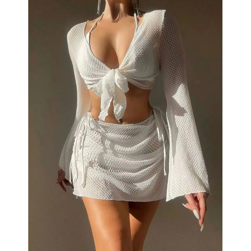 Bikini Tiras Malla 4 Piezas Pollera Top Triangulo  Uniteduy
