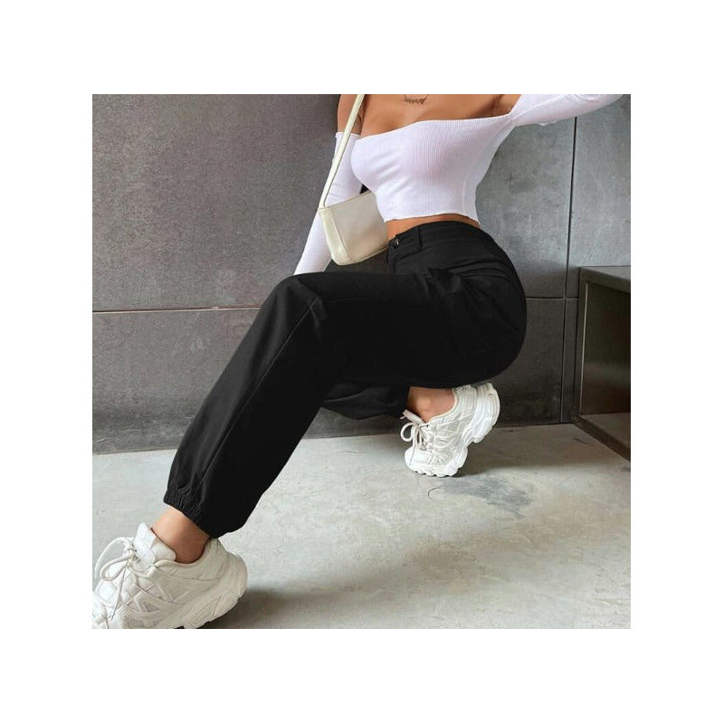 Pantalón Cargo Dama Con Bolsillos Y Puños Negro Y Beige