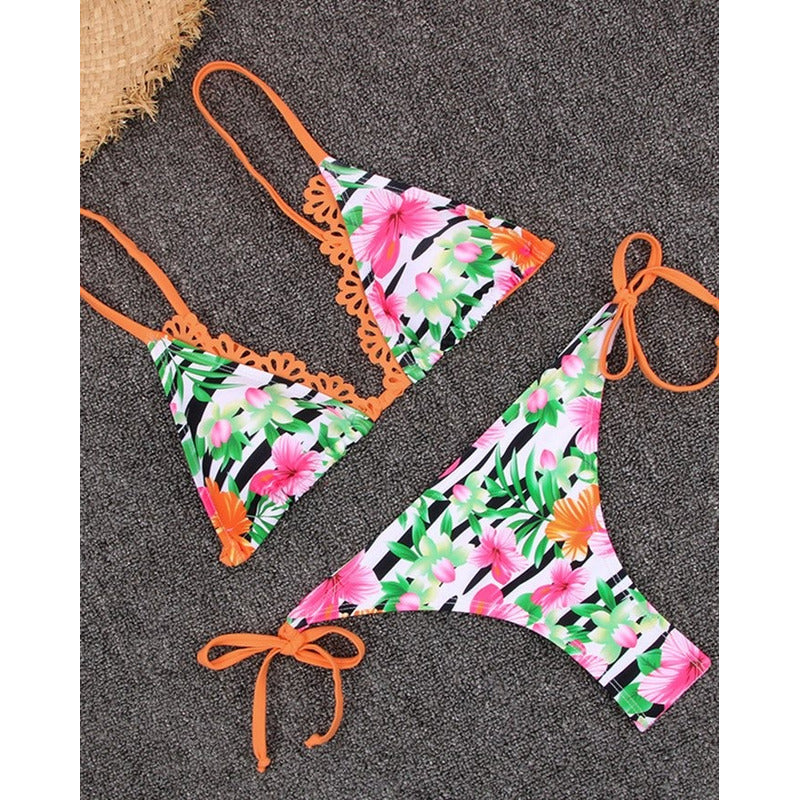 Bikini Malla Con Flores Naranja Fucsia Cola Less Y Tiras