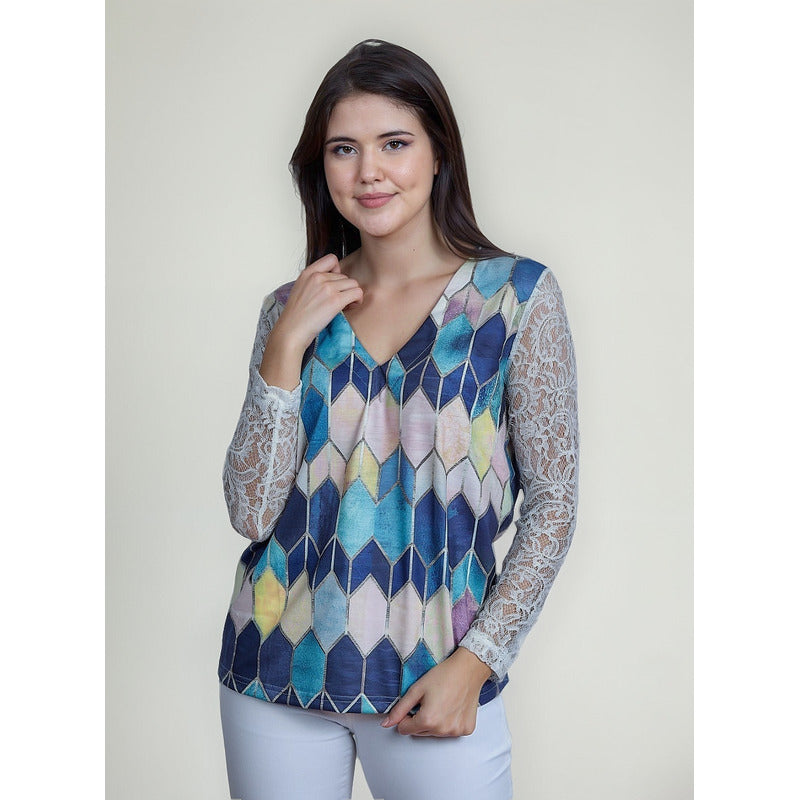 Blusa Dama Con Encaje Y Diseño En Rombos