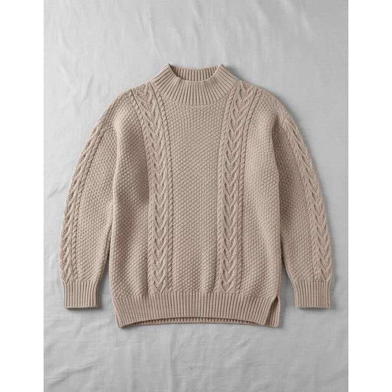 Sweater Buzo De Dama Tejido Trenzado Con Cuello Alto Y Tajo