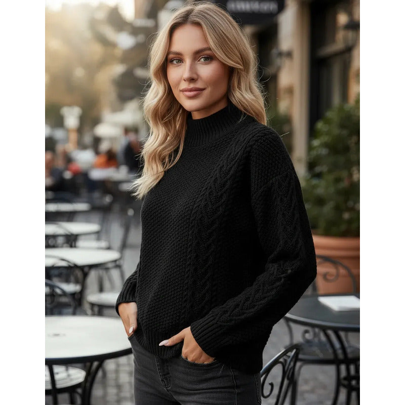 Sweater Buzo De Dama Tejido Trenzado Con Cuello Alto Y Tajo