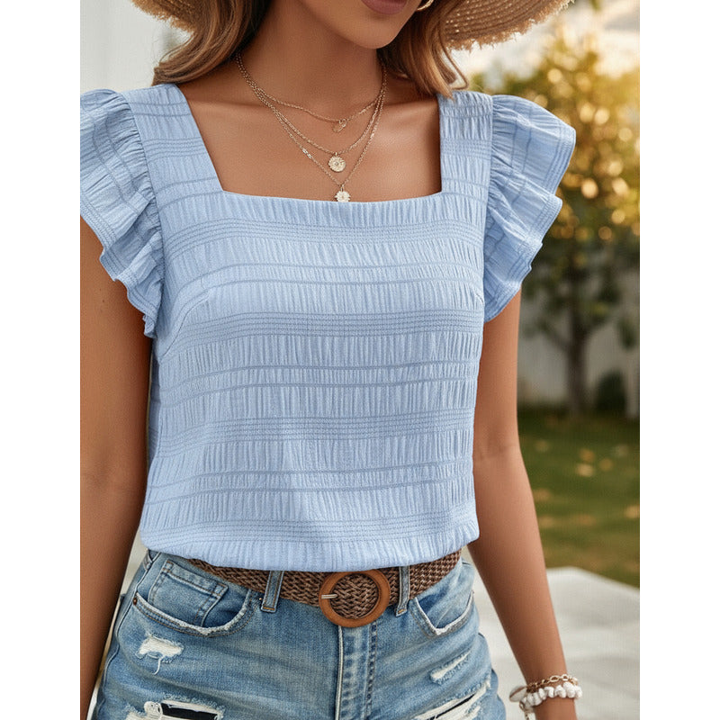 Blusa Remera Cuello Cuadrado Con Manga Corta Volado Uniteduy