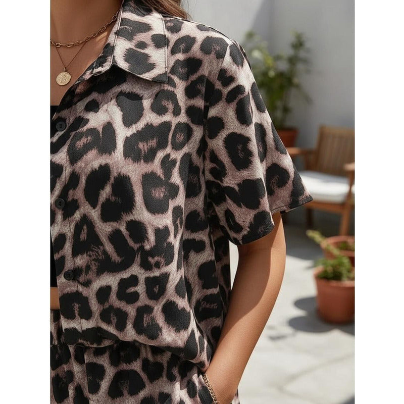 Conjunto Camisa Manga Corta Short Con Elástico Animal Print