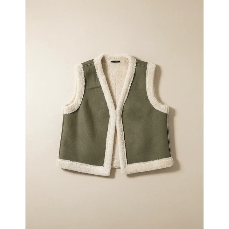 Chaleco De Dama Gamulán Forrado Con Corderito Verde Militar