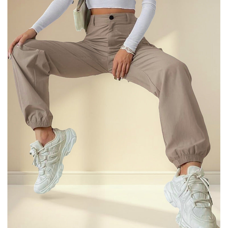 Pantalón Cargo Dama Con Bolsillos Y Puños Negro Y Beige