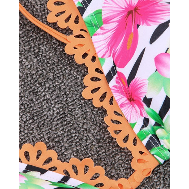 Bikini Malla Con Flores Naranja Fucsia Cola Less Y Tiras
