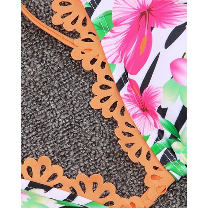 Bikini Malla Con Flores Naranja Fucsia Cola Less Y Tiras