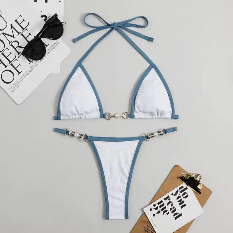 Bikini Triangulo Cadena Con Perla Colaless Varios Colores