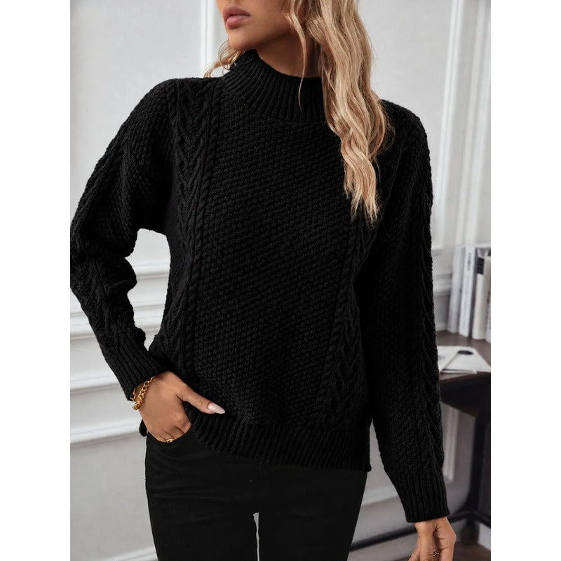 Sweater Buzo De Dama Tejido Trenzado Con Cuello Alto Y Tajo