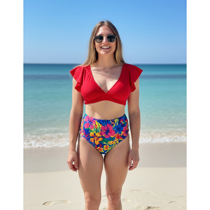 Bikini Tiro Alto Ani Rojo Flores Mujer - Uniteduy