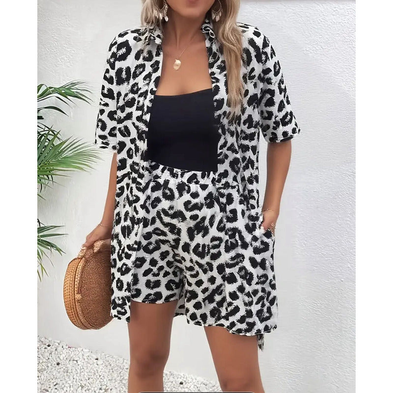Conjunto Camisa Manga Corta Short Con Elástico Animal Print