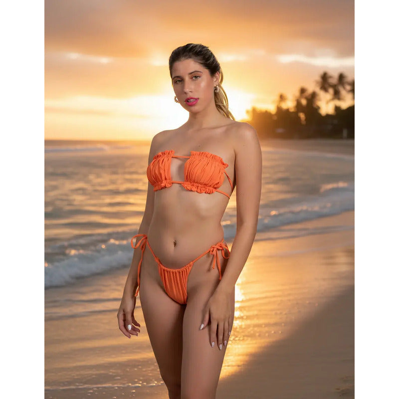 Bikini Malla Bandeau Plisado Naranja Con Tiras Uniteduy
