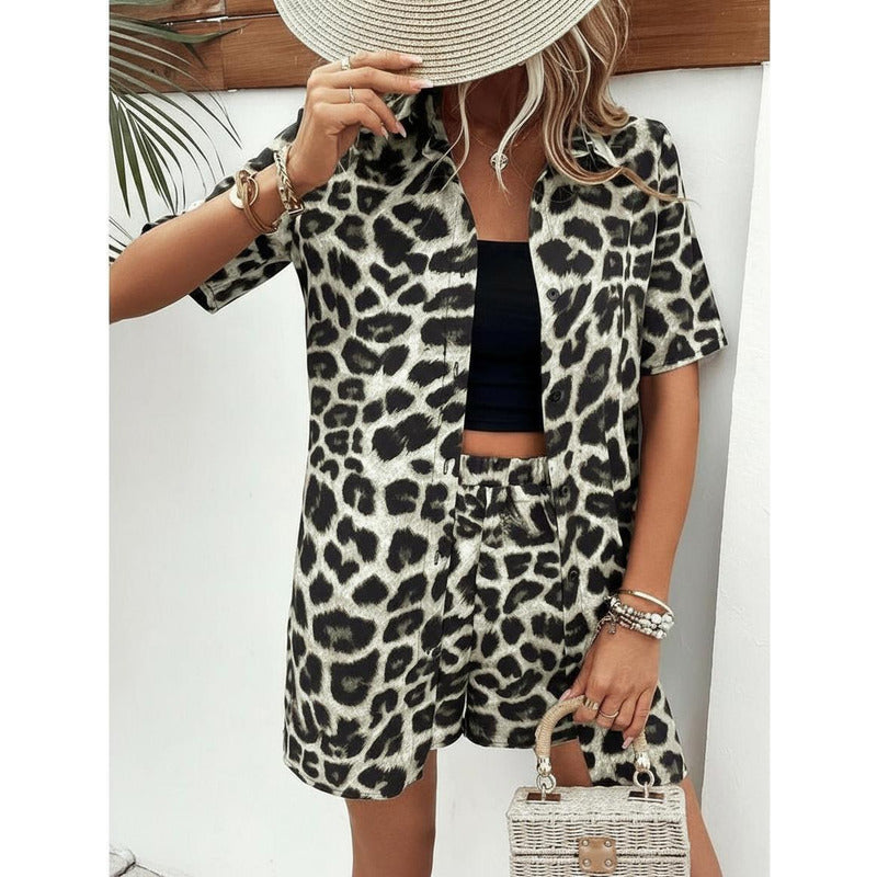 Conjunto Camisa Manga Corta Short Con Elástico Animal Print