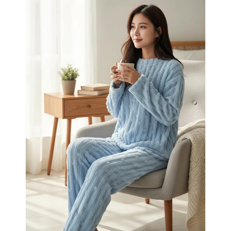 Pijama Peluche Invierno Dama Largo Texturado Con Puntos