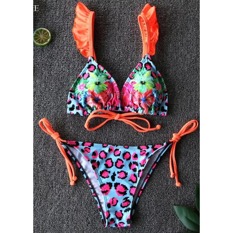 Bikini Celeste Con Animal Print En Fucsia Y Naranja Con Tira