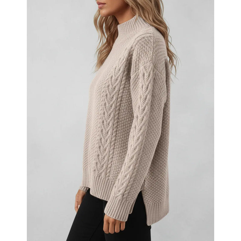 Sweater Buzo De Dama Tejido Trenzado Con Cuello Alto Y Tajo