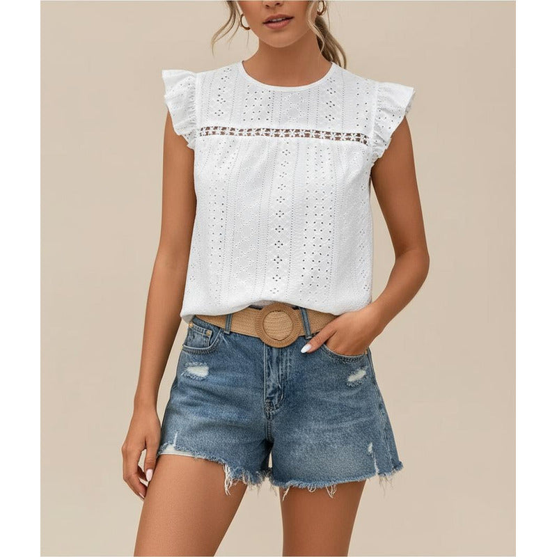 Blusa Remera Broderie Manga Corta Volados Varios Colores